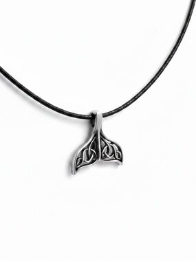 Handmade Celtic Whale Tail Pendant Necklace silver black cord necklace